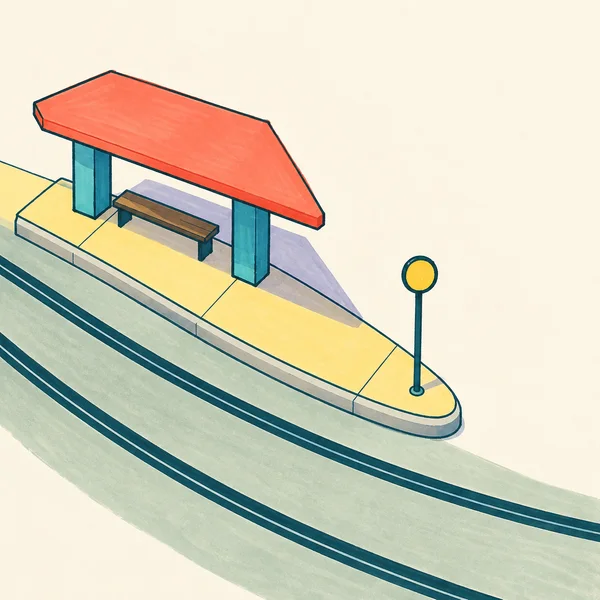 A coral-roofed tram shelter with turquoise supports and a bench sits on a pale-yellow wedge-shaped platform beside curving dark-teal rails; a round yellow…
