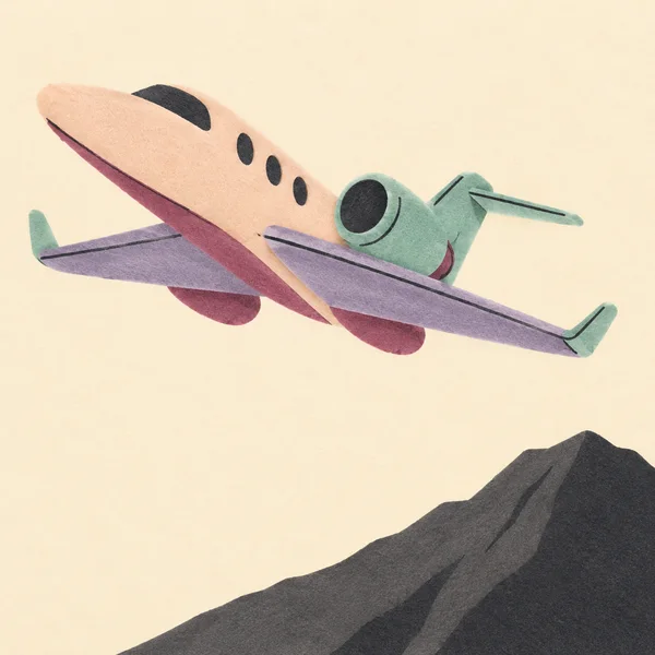 A pale peach private jet with lavender wings and mint-green engine shapes climbs diagonally toward the upper left above a dark, angular volcanic ridge.