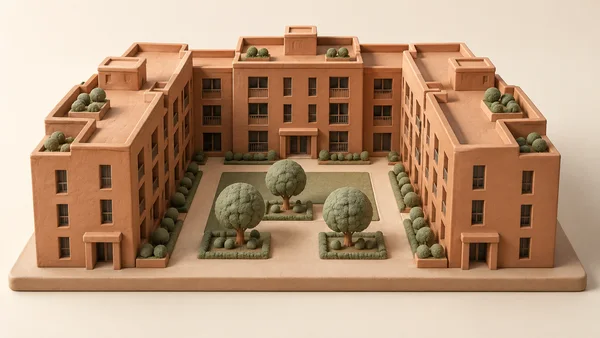 A terracotta-colored clay apartment block forms three sides of a rectangular courtyard, with three rounded trees, sage-colored planting beds, pale paths and…