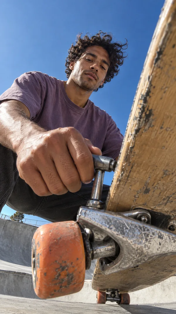 A curly-haired man in a faded violet T-shirt leans over a skateboard at an outdoor concrete skatepark, using a metal skate tool on the truck.