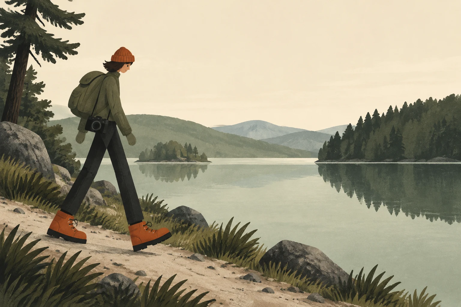 A side-profile hiker in a rust-orange beanie and boots walks along a rocky lakeside path, carrying an olive backpack with a camera at the hip.