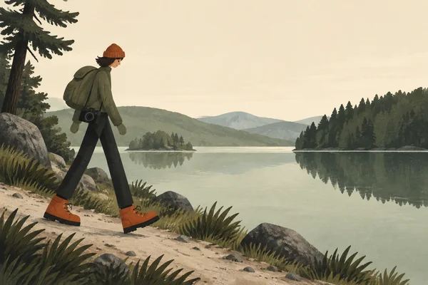 A side-profile hiker in a rust-orange beanie and boots walks along a rocky lakeside path, carrying an olive backpack with a camera at the hip.