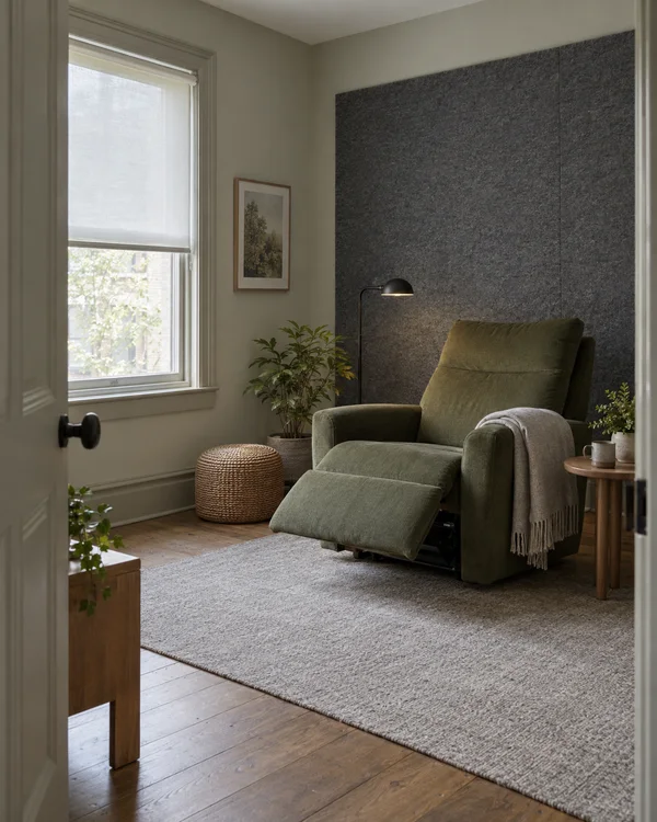A moss-green recliner with its leg support extended sits against a charcoal felt wall in a softly lit room, viewed through an open doorway; a pale rug, wood…