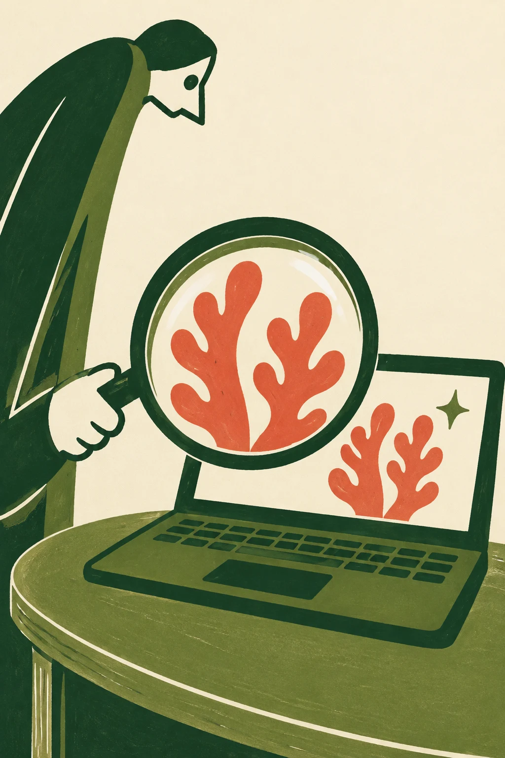 A long-bodied green reviewer leans over a wide laptop on a rounded desk, holding a large magnifying glass over two coral branching shapes on the screen; a…