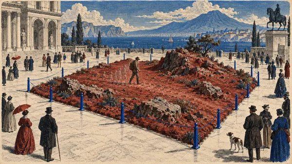 A richly engraved vintage-style scene shows a large red-earth plot roped off with blue stakes in a tiled plaza.