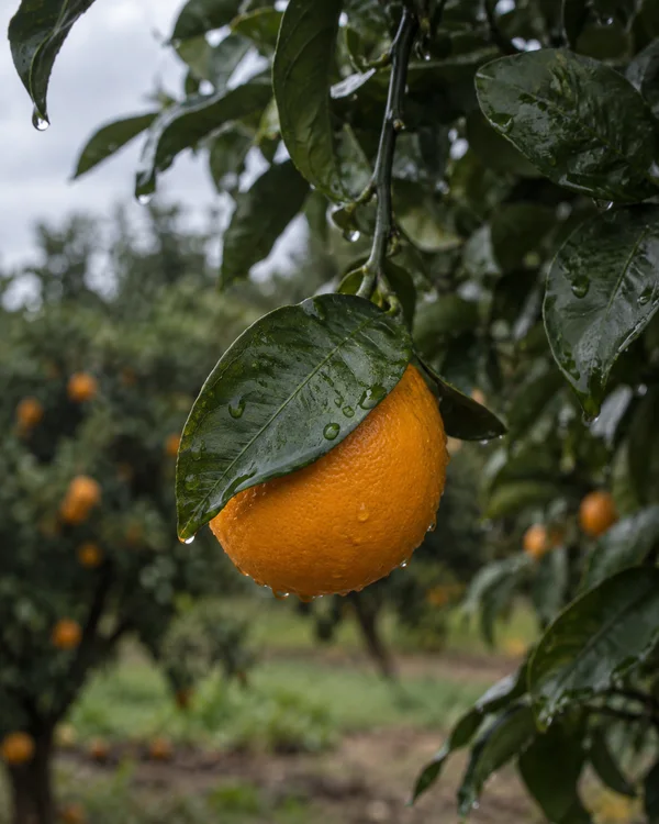 A ripe orange hangs from a slender twig in a rain-wet orchard, partly covered by a broad dark-green leaf.