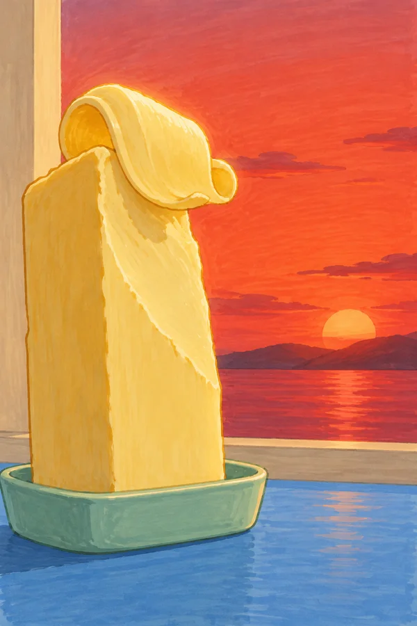 A tall, irregular block of pale golden butter with a broad curl over its top stands in a mint-green oval dish on a blue tabletop.