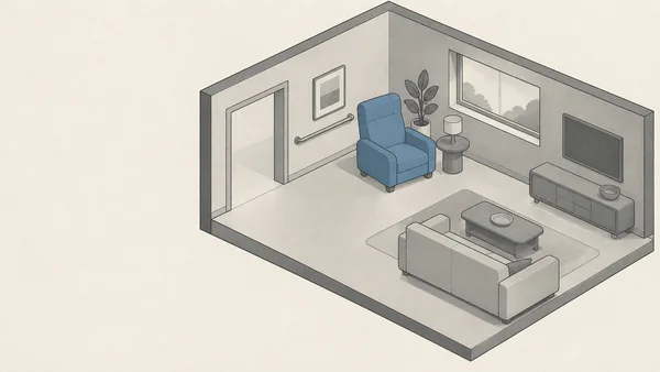 An axonometric cutaway living room on warm off-white paper, with a blue high-backed armchair beside a small round table and a wall-mounted support rail near an…
