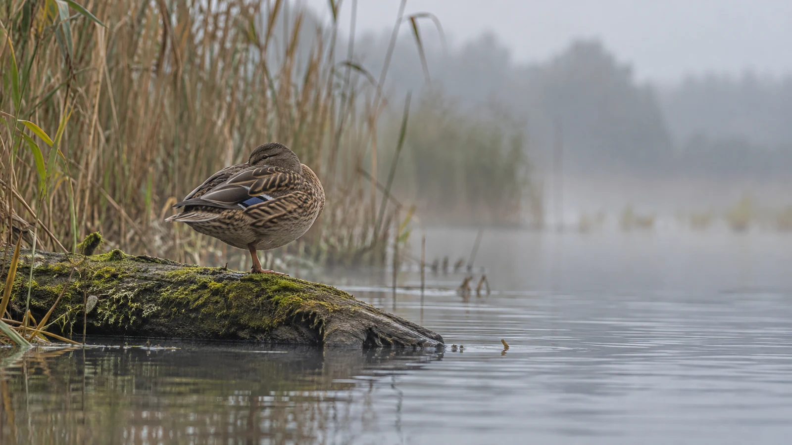 A mottled brown female mallard stands on one visible leg on a moss-covered log beside a reed-lined wetland, with her bill tucked into her back feathers and…