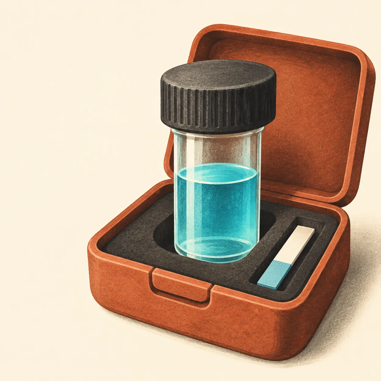 A textured editorial illustration of an open terracotta case holding a tall clear vial with aqua water and a short pale testing strip with a blue end, against…