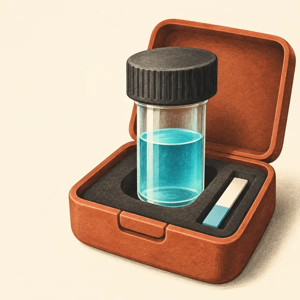 A textured editorial illustration of an open terracotta case holding a tall clear vial with aqua water and a short pale testing strip with a blue end, against…