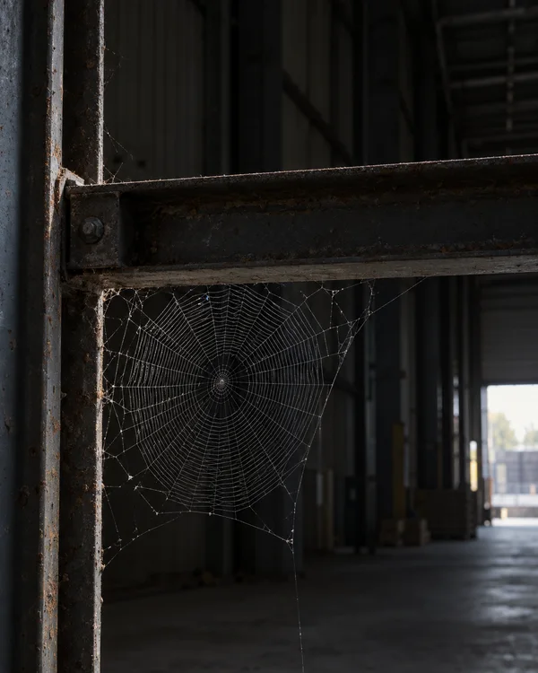 A large orb web hangs beneath a weathered horizontal steel beam beside a vertical loading-bay post inside a dim warehouse, with daylight visible through an…