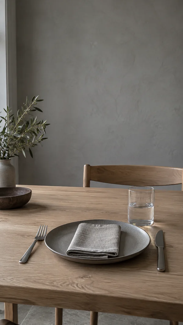 A place setting with a grey ceramic plate, folded linen napkin, stainless cutlery and a glass of water on an oak table, with a wide chair back and a vase with…