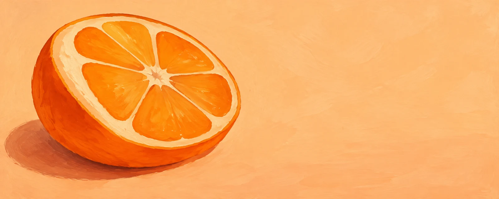 A single orange half with a thick rind and large visible segments rests cut-side up on a pale apricot surface, casting a soft shadow; broad empty space fills…
