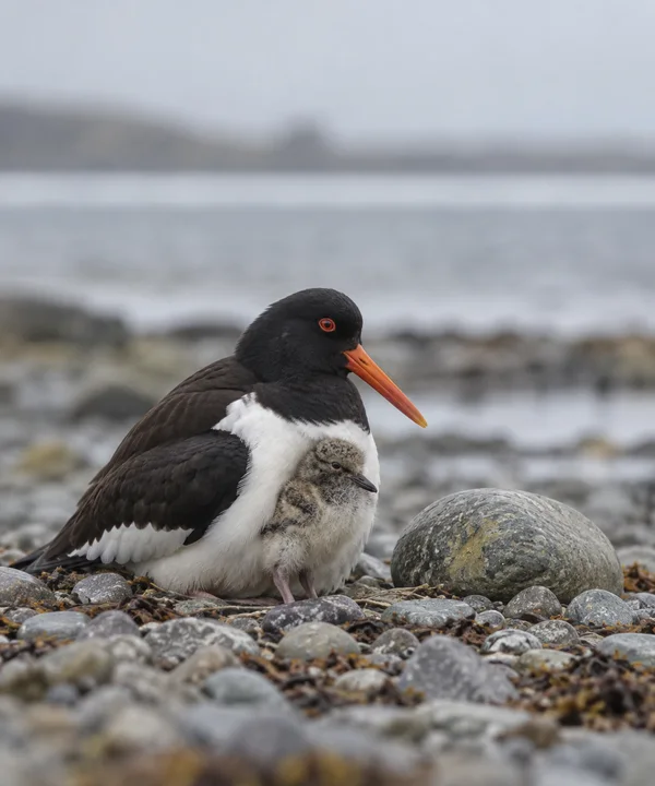 A black-and-white oystercatcher crouches on a grey pebble shore with a downy chick tucked against its breast.