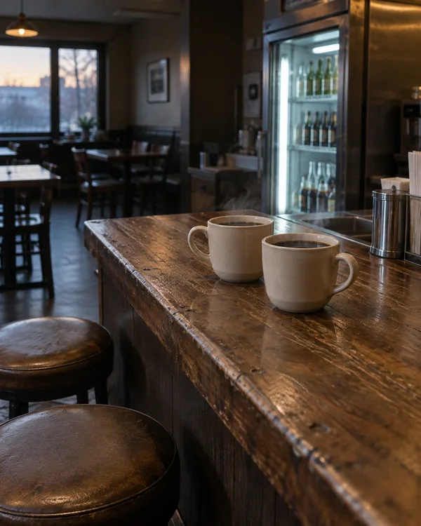Two cream ceramic cups of dark coffee sit on a worn wooden counter in a dim restaurant, with wisps of steam rising.