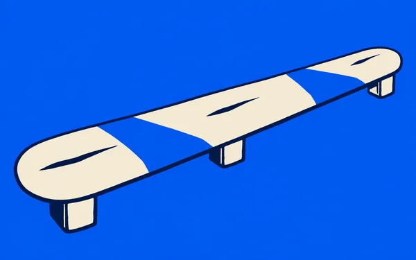 A long ivory backless bench with a rounded near end and short block legs runs diagonally across a vivid cobalt-blue background.