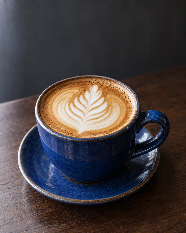 A cobalt-blue glazed ceramic cup and matching saucer hold a cappuccino with white rosetta latte art, resting on a dark wooden counter against a charcoal…