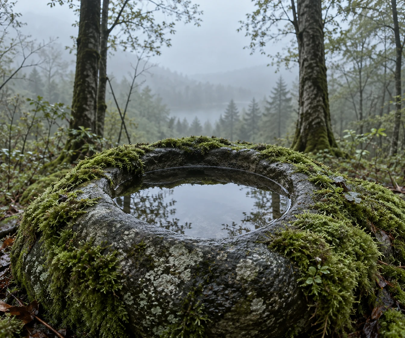 A rounded, moss-covered stone hollow filled with still water sits on a damp woodland floor, reflecting the pale sky and nearby trees; large trunks frame a…