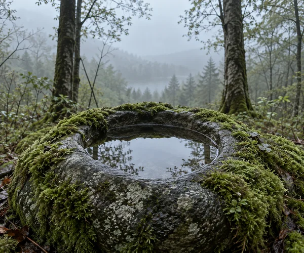 A rounded, moss-covered stone hollow filled with still water sits on a damp woodland floor, reflecting the pale sky and nearby trees; large trunks frame a…