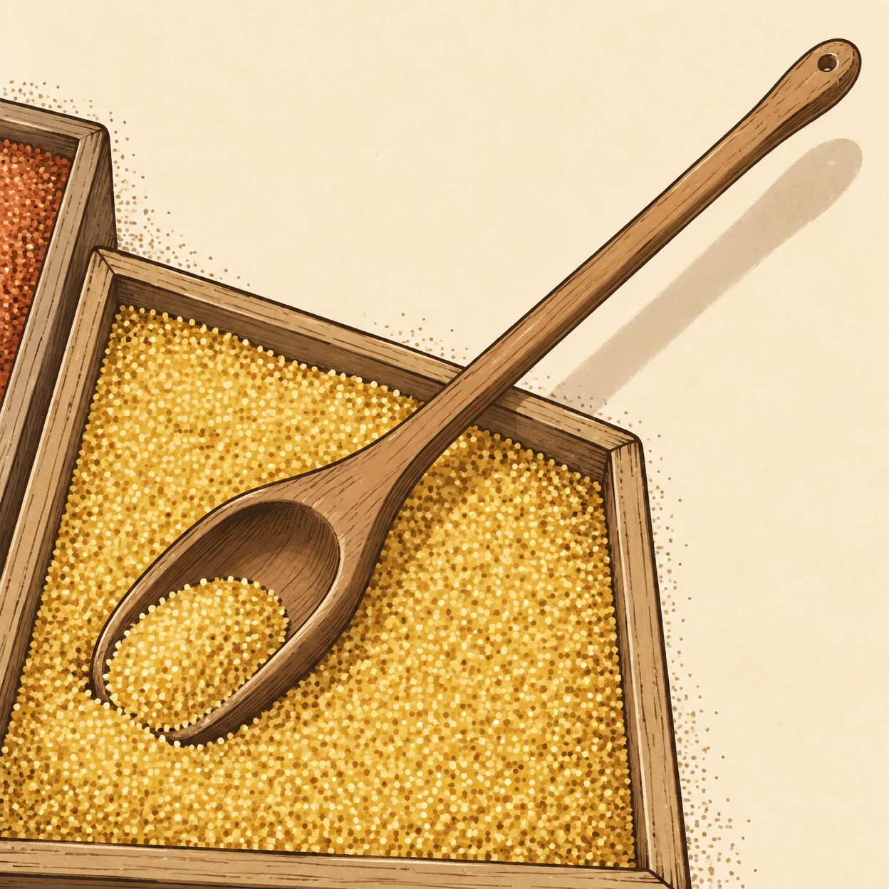 An overhead editorial illustration of a long wooden scoop resting diagonally across a rectangular bin of golden grain, with a small mound in its bowl and part…
