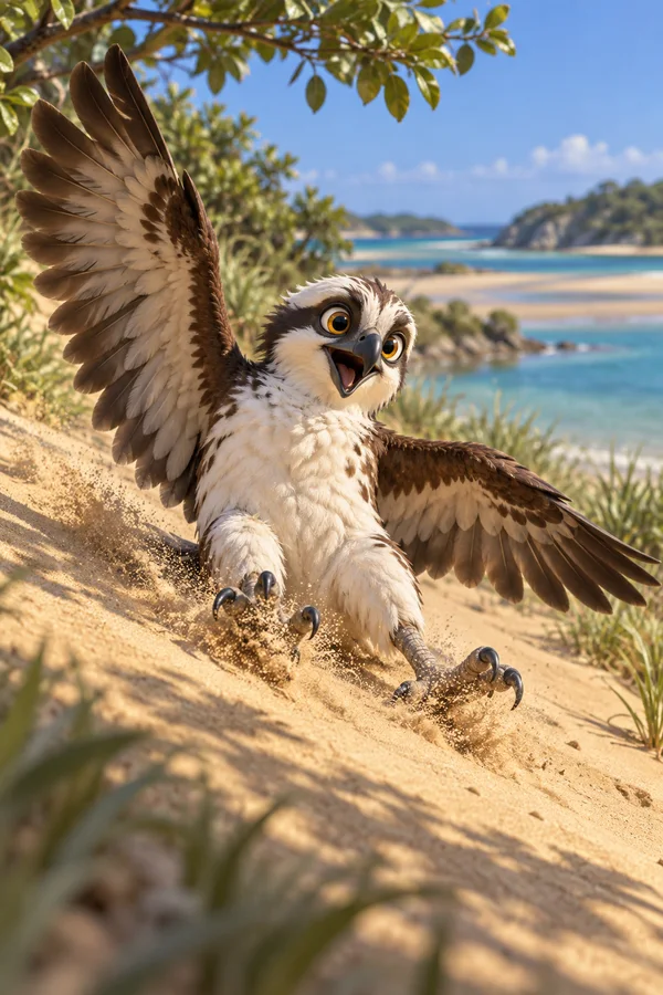 A wide-eyed anthropomorphic osprey slides feet-first down a sandy dune, spreading its brown wings as sand sprays around its talons; turquoise water, distant…