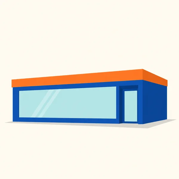 A low cobalt commercial unit with a wide pale-aqua display window and a narrow recessed entrance, topped by an orange parapet and viewed from the front and…