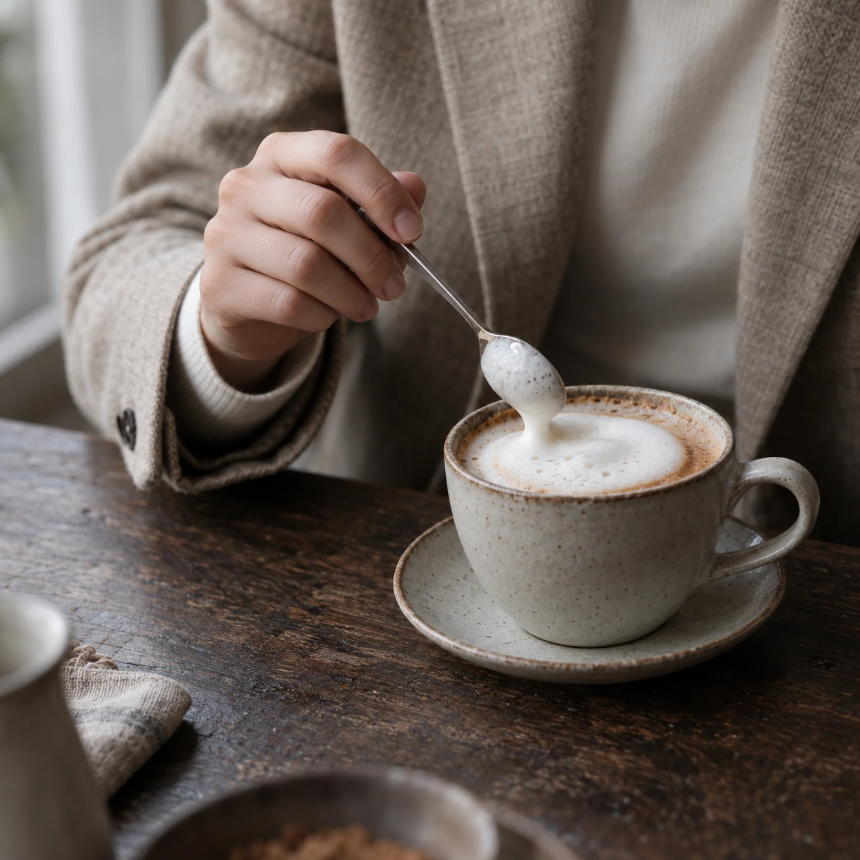 A hand in an oatmeal tweed blazer holds a metal spoon above a speckled stoneware cup of coffee, with a stream of milk foam falling onto the surface.
