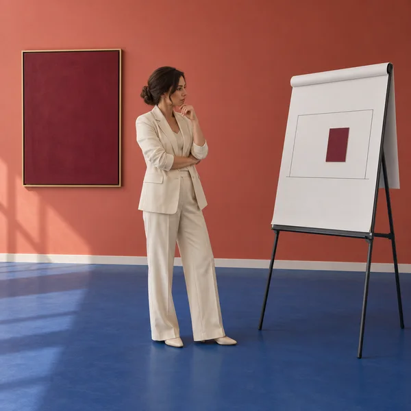 A woman in a cream suit stands thoughtfully beside a freestanding flip chart in a gallery with a coral wall, burgundy framed canvas, and cobalt-blue floor.