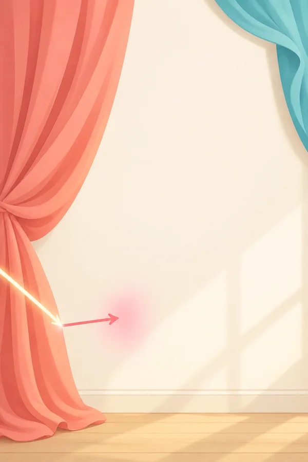 A broad coral curtain hangs along the left side of an ivory wall, with a turquoise fold curling in from the upper right.