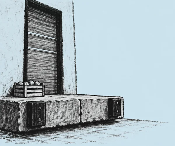 A charcoal-style drawing of a low stone loading dock with two dark rubber bumpers beneath a tall closed roller shutter.