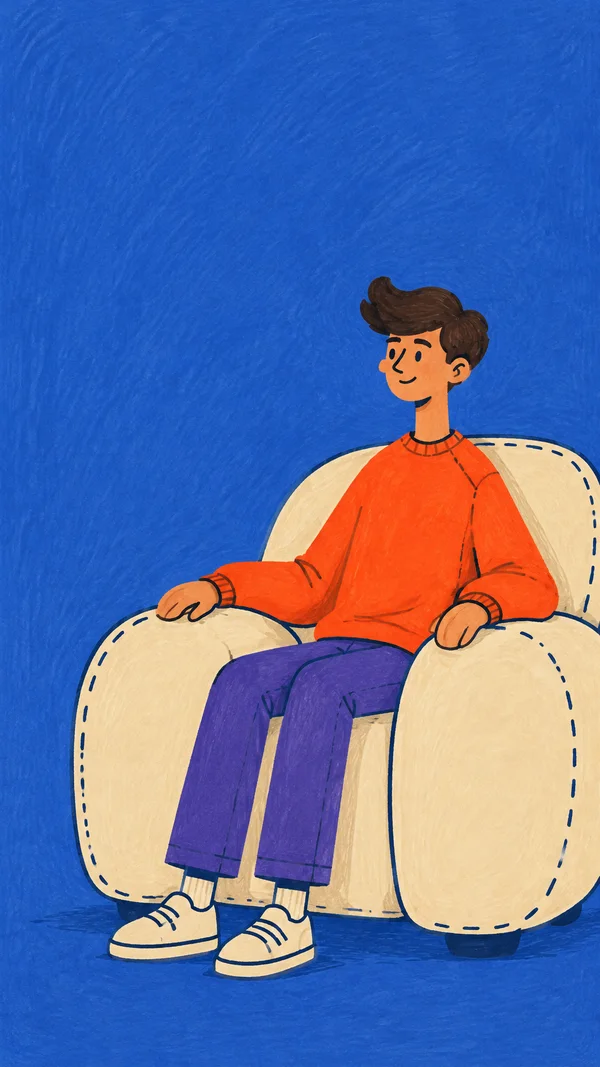 A smiling teenager in an orange sweatshirt and violet trousers sits in a large cream armchair against a textured cobalt-blue background, with both hands…
