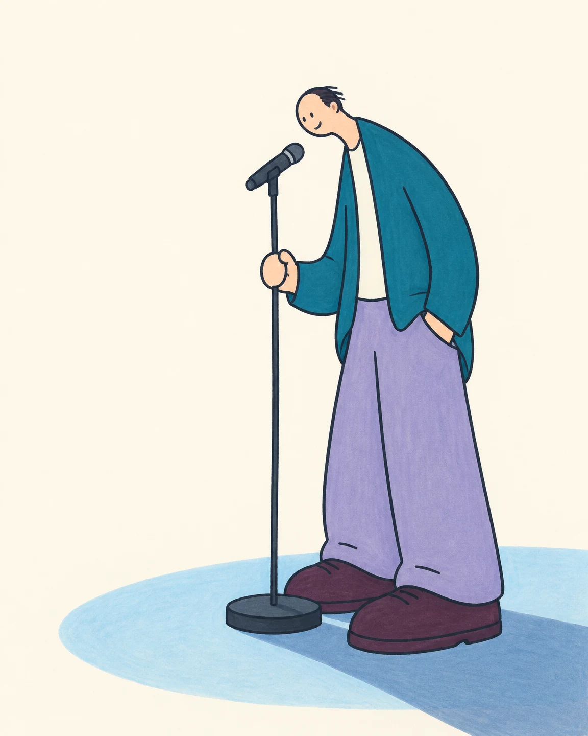 A stylized person in a teal jacket, lavender trousers and oversized plum shoes leans toward a microphone on a stand.
