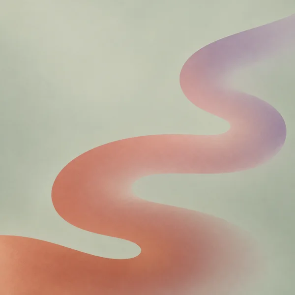 A square abstract composition with a pale sage field and a broad terracotta, rose and lilac serpentine band sweeping through the lower and right portions…