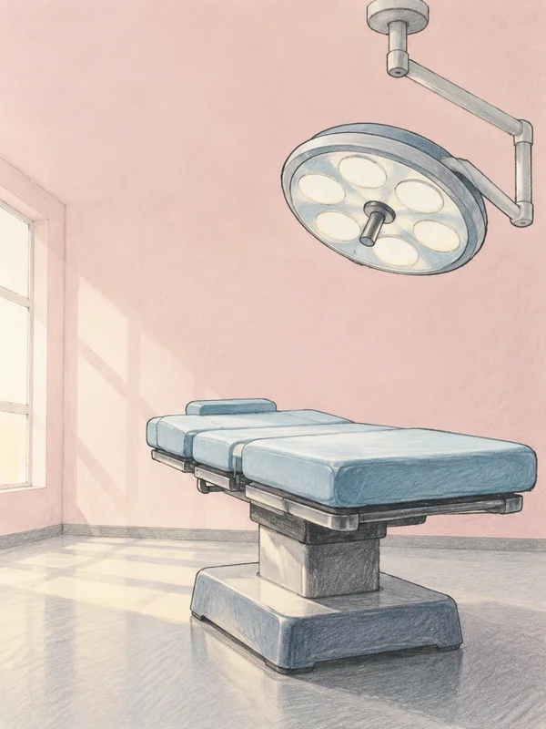A hand-drawn empty operating theatre with a broad blue operating table on a pedestal beneath a large circular surgical lamp; soft light enters through a window…