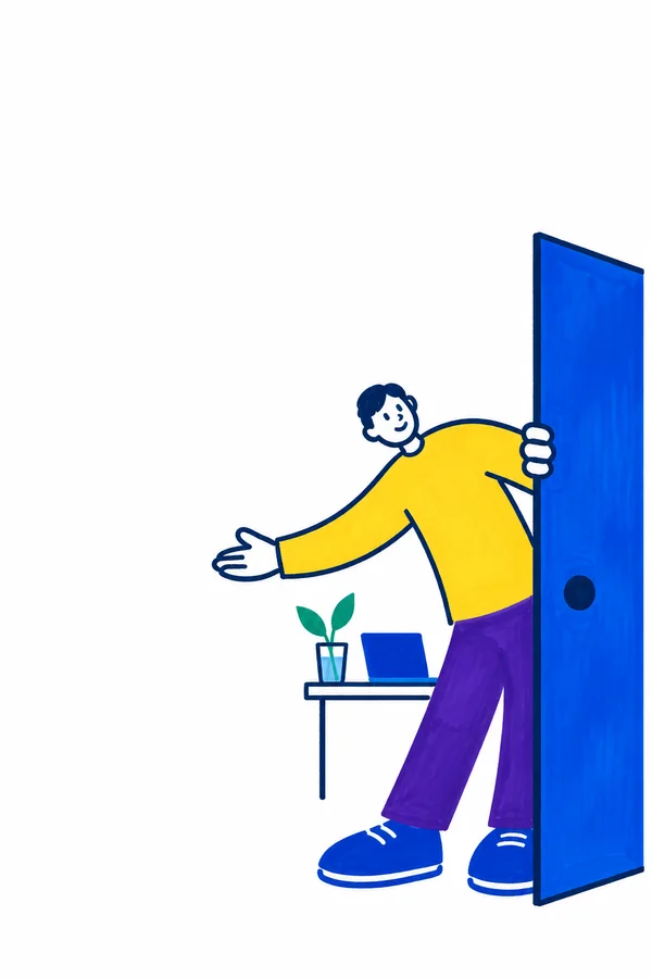 A hand-drawn figure in a yellow shirt, violet trousers and blue shoes leans around a cobalt-blue door, holding its edge and extending a hand in welcome.