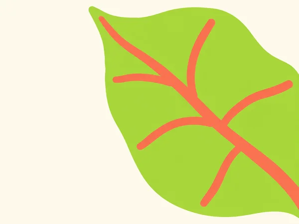 A large lime-green leaf fills the right side of an ivory background, with thick coral veins branching across it.