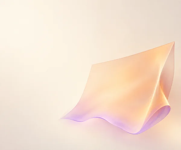 A translucent peach-orange veil-like sheet bows across the lower-right of a warm ivory field, with lilac tones along its wavy lower edge and a bright crease…