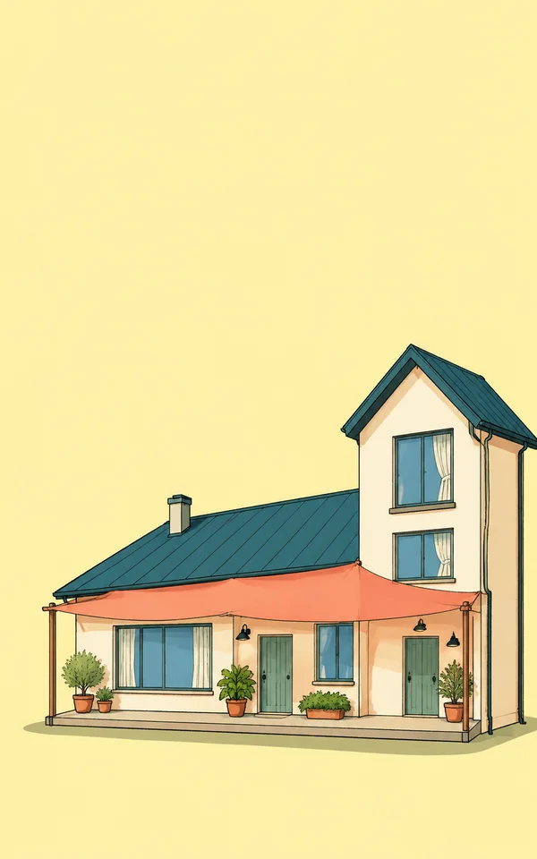 A connected cream house with a tall two-storey wing and a lower single-storey section sits against a pale yellow background.