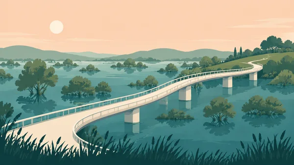 An ivory elevated walkway curves across teal floodwater dotted with partially submerged trees and shrubs, leading to a grassy hill beneath a peach sky and…