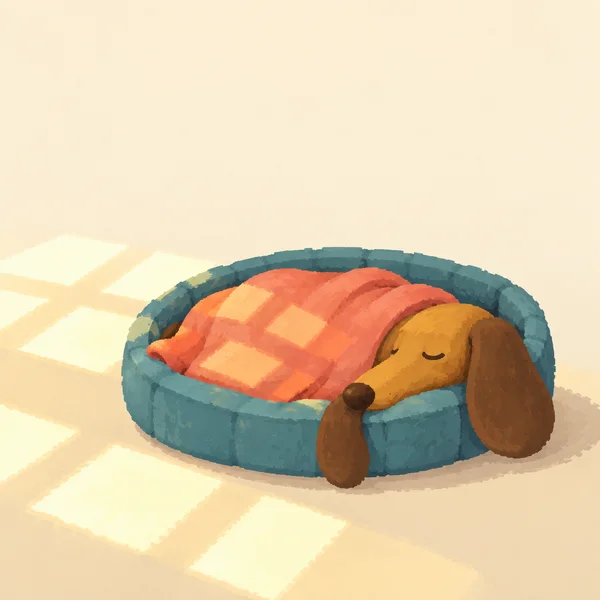 A long ochre dog sleeps under a coral blanket in a squat teal oval bed, with its nose and floppy ears resting over the rim.