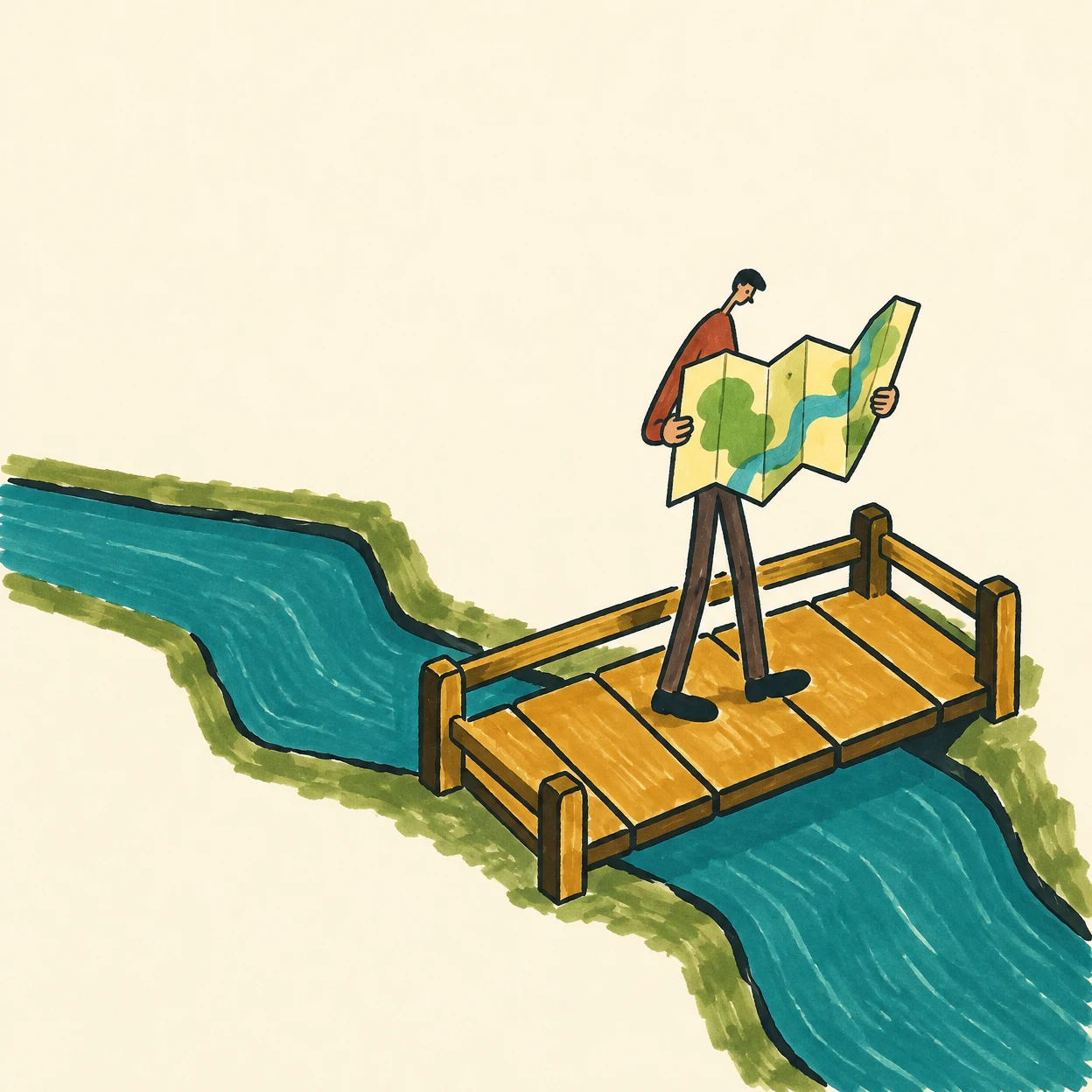 A long-legged traveler studies an oversized folded yellow map while standing on a broad ochre wooden footbridge over a teal river, against a warm cream…