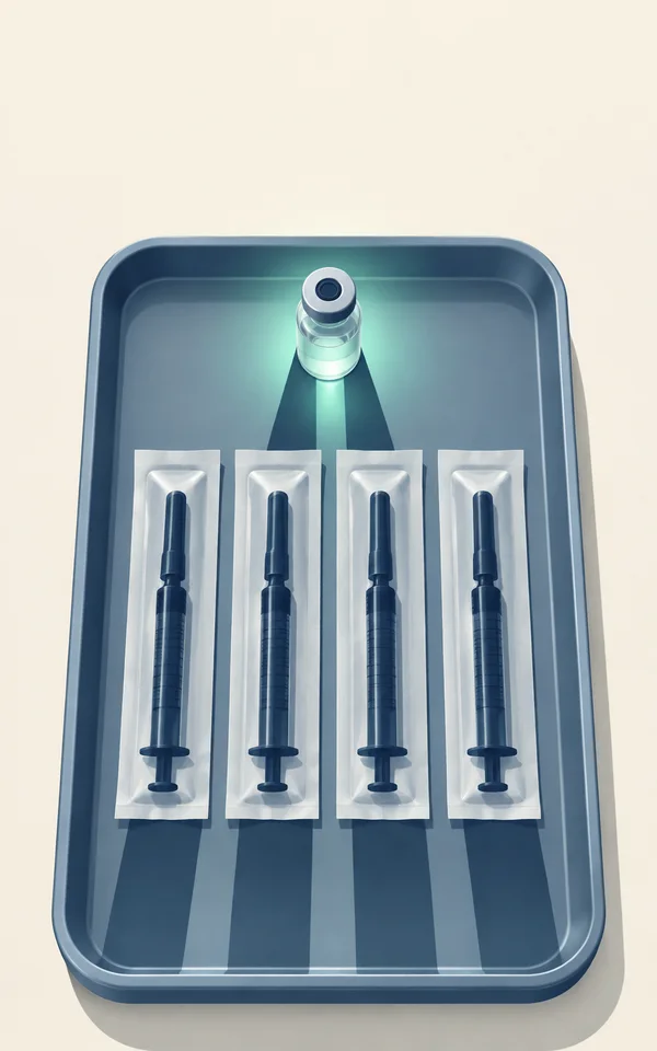 An overhead view of a blue-gray tray on a warm ivory surface, holding four individually sealed syringes in parallel rows and a small capped vial above them…