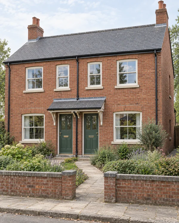 A two-storey red-brick duplex with two dark green front doors beneath a shared canopy, cream-framed windows, a slate roof, and a planted front court behind a…