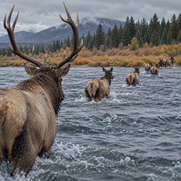 A large bull elk fills the left foreground as a line of elk wades through a rippling river toward a bank of golden autumn grass and conifers, with cloudy…