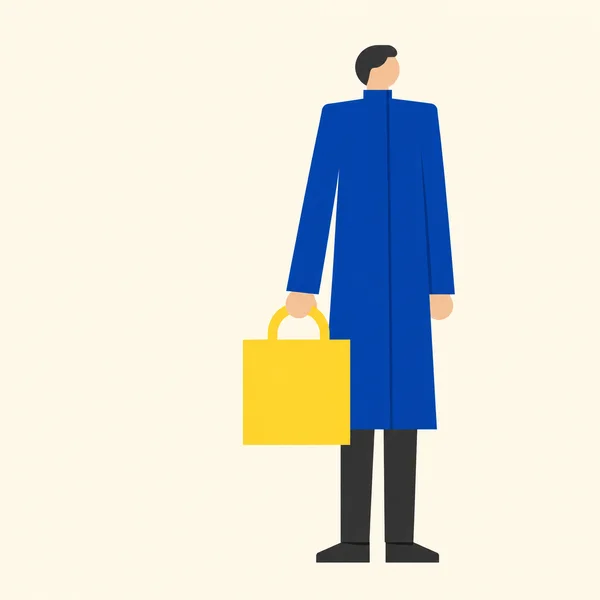 A simplified full-length figure in a long cobalt-blue coat, charcoal trousers and dark shoes stands against a warm cream background, holding a large yellow bag…