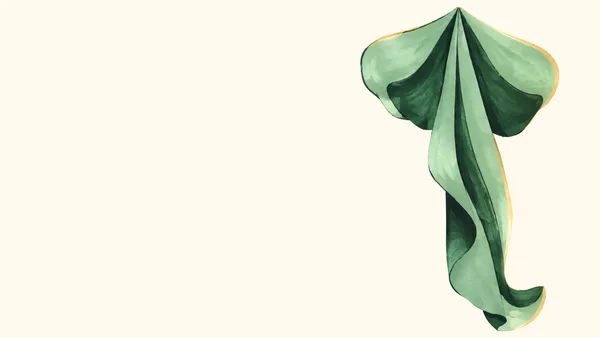 A mint and dark green fabric swath hangs from a gathered point near the top right, its wide puff narrowing into long folds and curling outward at the hem…
