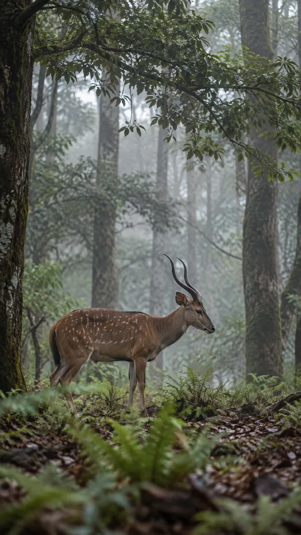 A chestnut-brown, pale-spotted antelope stands in profile among damp ferns and leaf litter in a misty forest, beneath low leafy branches and tall dark tree…
