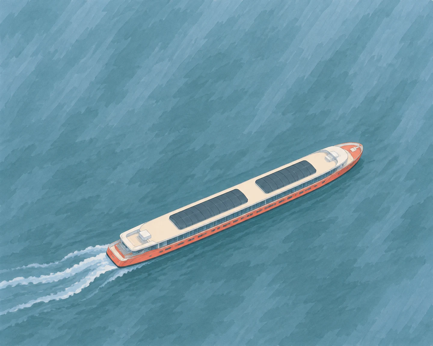 A long coral-hulled passenger boat with a cream deck and two charcoal skylights travels diagonally across blue-green water, leaving a foamy wake behind it.