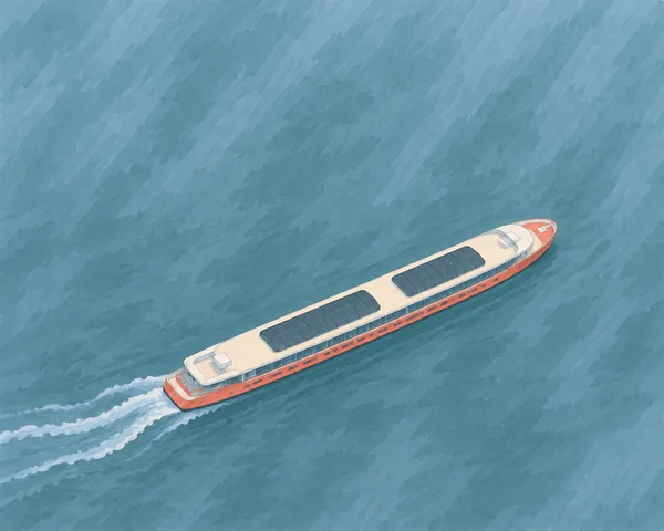 A long coral-hulled passenger boat with a cream deck and two charcoal skylights travels diagonally across blue-green water, leaving a foamy wake behind it.